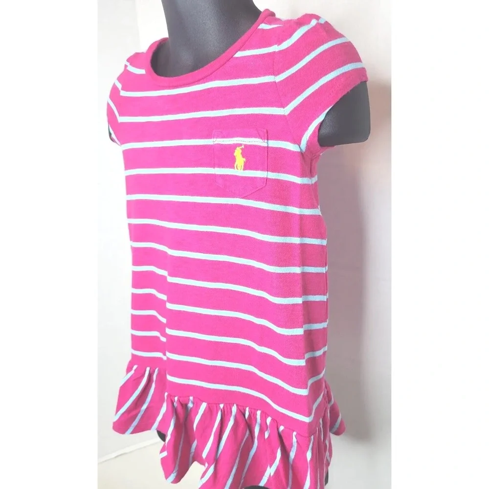 GIRL'S 12 MTHS RALPH LAUREN POLO Bright PINK BLUE STRIPED SS TENNIS DRESS POCKET - Picture 3 of 5